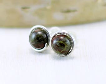 Dragon Blood Jasper Earrings, Sterling Silver Jasper Stud Earrings Red and Green Stone Post Earrings Jasper Jewelry