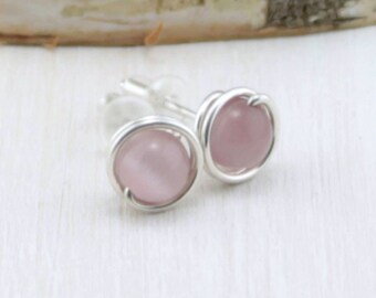 Cat's Eye Selenite Stud Earrings, Sterling Silver Mauve Earrings Cat's Eye Earrings Mauve Bridesmaid Gift Mauve Jewelry