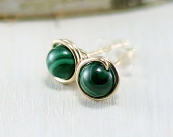 Malachite Earrings, 14k Gold Filled Green Stone Yellow Gold Malachite Stud Earrings Wire Wrapped Post Earrings