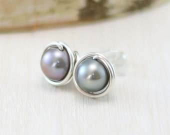 Gray Pearl Earrings, Sterling Silver Freshwater Pearl Stud Earrings June Birthstone Wire Wrapped Pearl Post Earrings