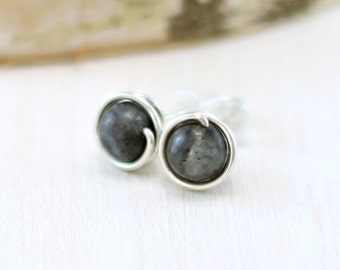 Larvikite Earrings, Sterling Silver Wire Wrapped Larvikite Stud Earrings Gray Gemstone Earrings Black Moonstone Post