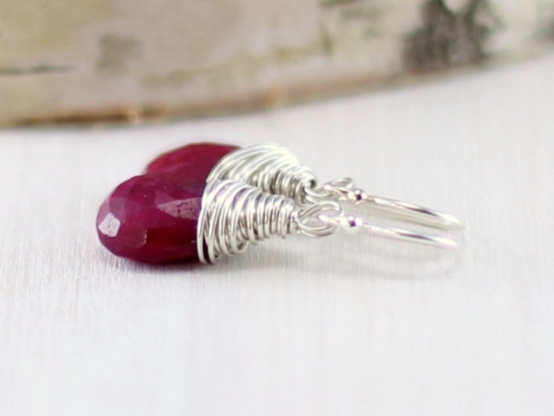 Sterling Silver July Birthstone Jewelry Red Gemstone Drop Earrings Wire Wrapped Earrings Genuine Ruby Earrings