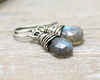 Labradorite Earrings, Oxidized Sterling Silver Wire Wrapped Blue Flash Labradorite Jewelry Dangle Earrings