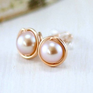 Pink Pearl Earrings, 14k Rose Gold Filled Blush Pink Freshwater Pearl Stud Earrings Pink Gold Wire Wrapped Post Earrings