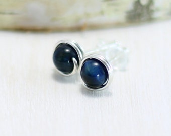 Hawk's Eye Earrings, Sterling Silver Blue Tiger's Eye Stud Earrings Wire Wrapped Blue Stone Post Earrings