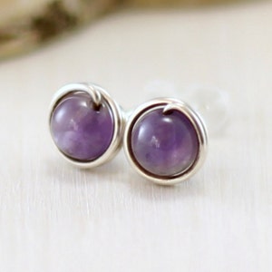 Amethyst Earrings, Sterling Silver Lavender Amethyst Stud Earrings February Birthstone Wire Wrapped Post Under 25