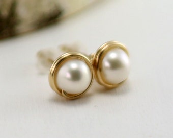 Gold Pearl Earrings, 14k Gold Filled Cream White Freshwater Pearl Stud Earrings June Birthstone Wire Wrapped Post Under 25