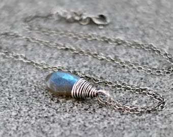 Labradorite Necklace, Oxidized Sterling Silver Wire Wrapped Blue Flash Labradorite Pendant Gemstone Necklace