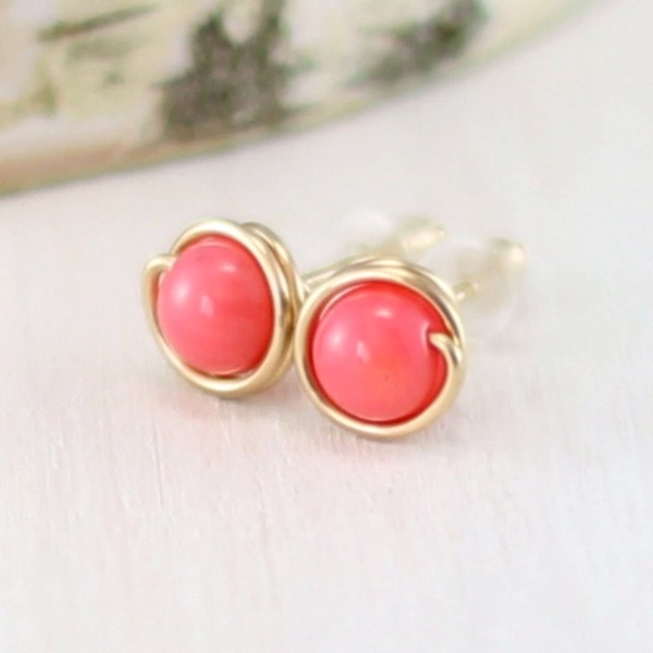 Pink Coral Earrings, 14k Gold Filled Coral Stud Earrings Yellow Gold Wire Wrapped Coral Jewelry Post Earrings