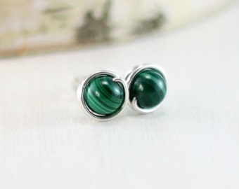 Malachite Earrings, Sterling Silver Green Stone Earrings Malachite Stud Earrings Wire Wrapped Post Earrings Malachite