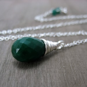 Genuine Emerald Necklace, Sterling Silver Green Emerald Pendant Necklace May Birthstone Jewelry Wire Wrapped image 1