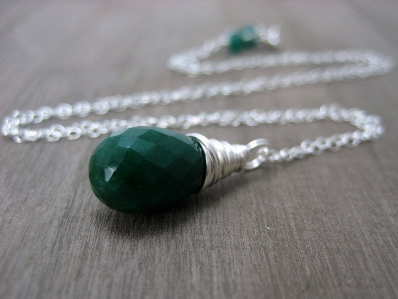 Genuine Emerald Necklace, Sterling Silver Green Emerald Pendant Necklace May Birthstone Jewelry Wire Wrapped image 1