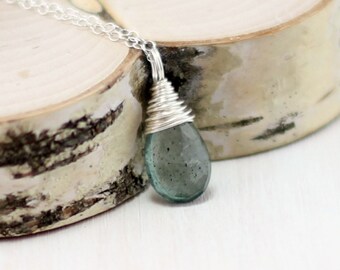 Moss Aquamarine Necklace, Sterling Silver Blue Green Aquamarine Pendant Necklace Wire Wrapped March Birthstone Necklace