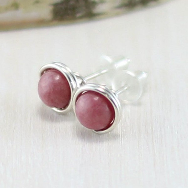 Rhodonite Earrings, Sterling Silver Rhodonite Stud Earrings Wire Wrapped Pink Stone Post Rhodonite Jewelry