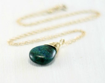 Azurite Malachite Necklace, 14k Gold Filled Azurite Malachite Pendant Yellow Gold Wire Wrapped Green Stone Necklace