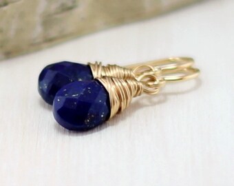 Gold Lapis Earrings, 14k Gold Filled Cobalt Blue Lapis Lazuli Earrings Yellow Gold Wire Wrapped