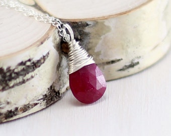 Genuine Ruby Necklace, Sterling Silver Raspberry Red Ruby Pendant July Birthstone Wire Wrapped Necklace