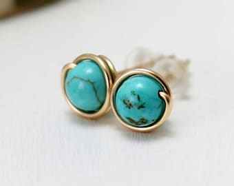Gold Turquoise Earrings, 14k Gold Filled Kingman Turquoise Post Earrings Genuine Turquoise Stud Earrings Turquoise Jewelry