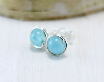 Aquamarine Stud Earrings, Sterling Silver Blue Aquamarine Earrings Wire Wrapped March Birthstone Post Earrings