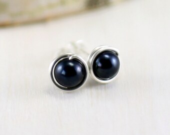 Black Pearl Earrings, Sterling Silver Black Freshwater Pearl Stud Earrings June Birthstone Wire Wrapped Post