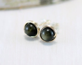 Gold Obsidian Earrings, 14k Gold Filled Obsidian Stud Earrings Yellow Gold Wire Wrapped Natural Stone Post Earrings