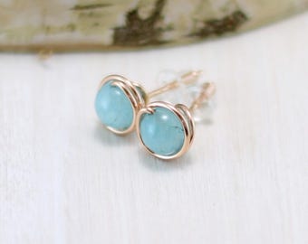 Rose Gold Aquamarine Earrings, 14k Rose Gold Filled Aquamarine Stud Earrings Wire Wrapped March Birthstone Post Earrings