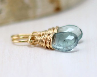 Aquamarine Earrings, 14k Gold Filled Blue Green Moss Aquamarine Earrings Yellow Gold Wire Wrapped March Birthstone