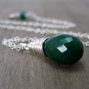 Genuine Emerald Necklace, Sterling Silver Green Emerald Pendant Necklace May Birthstone Jewelry Wire Wrapped image 2