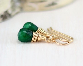 Genuine Emerald Earrings, Gold Filled May Birthstone Earrings Gold Emerald Jewelry Green Gemstone Dangle Earrings