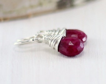 Genuine Ruby Earrings, Sterling Silver July Birthstone Jewelry Red Gemstone Drop Earrings Wire Wrapped Earrings