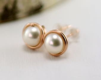 Rose Gold Pearl Earrings, 14k Rose Gold Filled Cream White Freshwater Pearl Stud Earrings Pink Gold Wire Wrapped Post