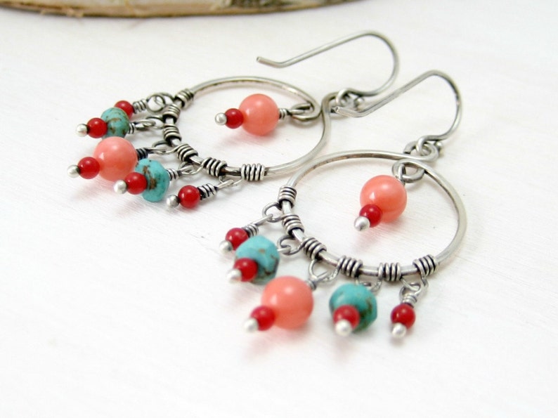 Oxidized Turquoise and Coral Chip Saguaro Cactus Stud Earring main image 0