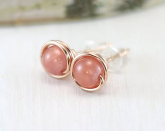 Rhodochrosite Earrings, 14k Rose Gold Filled Peach Gemstone Stud Earrings Pink Gold Wire Wrapped Post Earrings