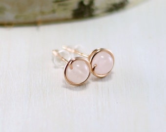 Rose Quartz Earrings, 14k Rose Gold Filled Rose Quartz Stud Earrings Pink Gemstone Rose Quartz Jewelry Blush Bridesmaid