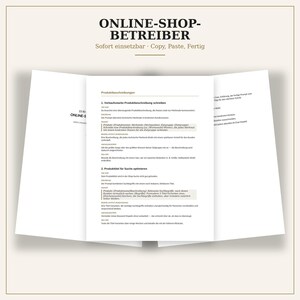 May include: A white document with black text titled ONLINE-SHOP-BETREIBER, featuring sections on writing product descriptions and optimizing titles for search. The text is in German and provides instructions for e-commerce business owners.