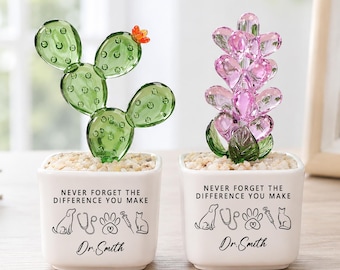 May include: Two glass cactus figurines in white square pots. The left is green with an orange flower; the right is pink. Each pot features the text "NEVER FORGET THE DIFFERENCE YOU MAKE", icons of a dog, stethoscope, paw, syringe, cat, and "Dr. Smith".