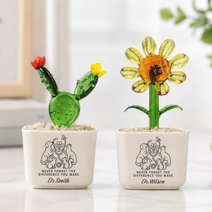 May include: Two glass plant figurines in white ceramic pots. One features a green cactus with red and yellow flowers, the other a yellow sunflower. Each pot displays a black line drawing of animals with a stethoscope and the text "NEVER FORGET THE DIFFERENCE YOU MAKE" followed by "Dr. Smith" or "Dr. Wilson".