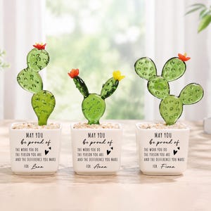 May include: Three glass cactus figurines in white square pots filled with small stones. Each cactus has green pads and a small red or yellow flower. The pots feature the text: MAY YOU be proud of THE WORK YOU DO THE PERSON YOU ARE AND THE DIFFERENCE YOU MAKE FOR [Name].