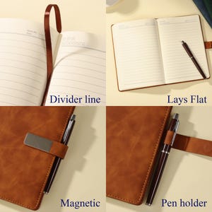 Pu&ograve; includere: Un taccuino marrone con chiusura magnetica, portapenna integrato e segnalibro a nastro. Le pagine interne sono a righe con un'intestazione per data e promemoria. Il taccuino si apre completamente in piano e include una penna scura.
