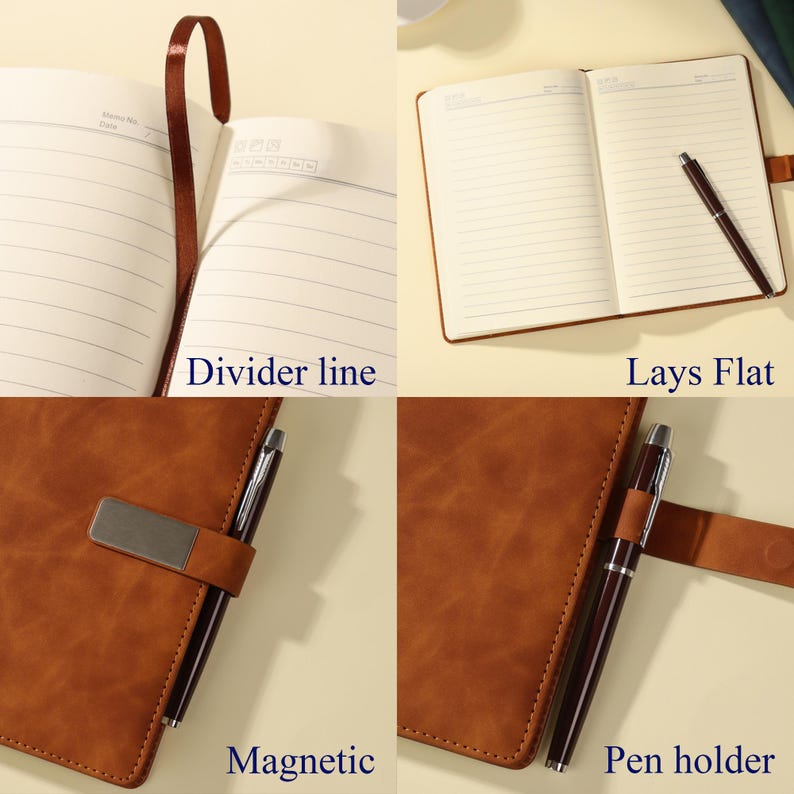 Pu&ograve; includere: Un taccuino marrone con chiusura magnetica, portapenna integrato e segnalibro a nastro. Le pagine interne sono a righe con un'intestazione per data e promemoria. Il taccuino si apre completamente in piano e include una penna scura.