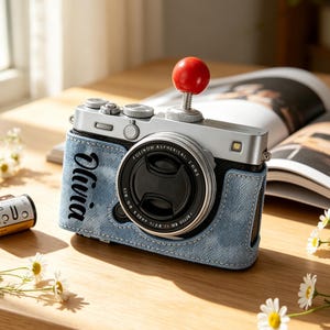 May include: A silver digital camera with a black lens and a red spherical shutter button attachment. The camera is encased in a light blue textured protective cover with the name Olivia printed in black script on the left side of the front panel.