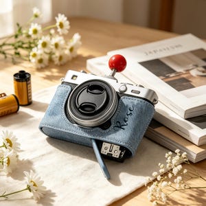 May include: A silver digital camera encased in a blue textured leather-like cover with the name Rose printed in black script. The camera features a prominent black lens cap and a bright red spherical shutter button attachment on the top metal plate.