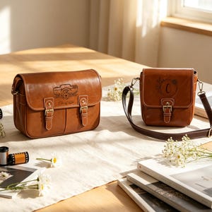 May include: Two brown leather bags with brass buckles. The larger rectangular bag features a camera illustration with the name Charlotte. The smaller square bag displays a circular floral wreath with the letter C. Both have adjustable straps.
