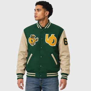 Green Varsity Jacket – Cream Sleeves, Chenille Patches, Unisex Streetwear