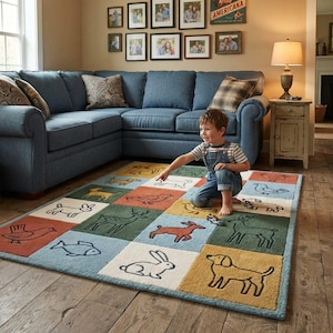 Alfombra infantil de lana tejida a mano con motivos de animales, alfombra para sala de juegos infantil, alfombra con animales del bosque, decoración para habitación de bebé, alfombra de lana hecha a mano, regalo.