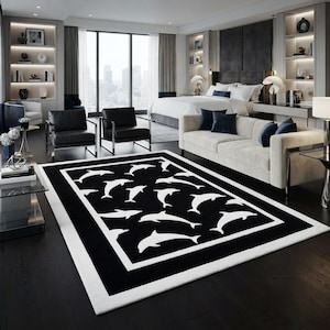 Alfombra de lana tejida a mano con delfines en blanco y negro / Alfombra moderna de estilo costero / Alfombra con animales marinos / Alfombra infantil hecha a mano / Decoración para sala de estar y dormitorio