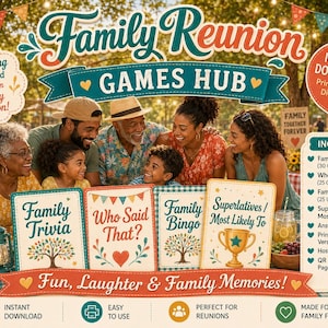 以下が含まれることがあります： Family Trivia、Who Said That?、Family Bingo、Superlatives/Most Likely Toと書かれたカードを含む家族の集まり用ゲームキット。ダウンロード通知とゲーム内容のリスト、装飾的なテキストが含まれています。