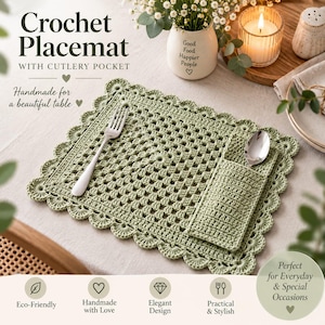 May include: A sage green rectangular crochet placemat featuring a scalloped border and an integrated side pocket for cutlery. The placemat has a central square grid pattern and is displayed with a silver fork and a silver spoon placed inside the pocket.