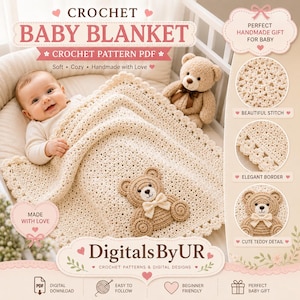 Puede incluir: Una manta de bebé tejida a ganchillo en color crema con un patrón de puntos texturizados, un borde festoneado y una aplicación central de osito de peluche con un pequeño lazo. Patrón de ganchillo digital PDF de DigitalsByUR.