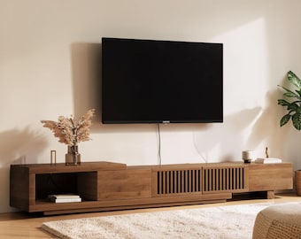 Extendable TV Stand, Walnut Media Console with Slatted Doors, Entertainment Center for Up to 100 Inch TVs